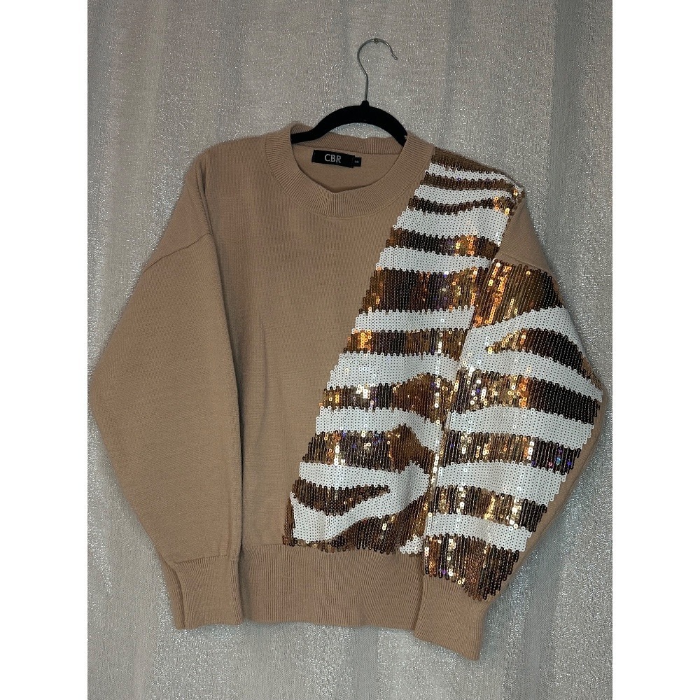 CBR Sequin‎ Zebra Print Sweater Statement Sleeve Pullover Top Size S
